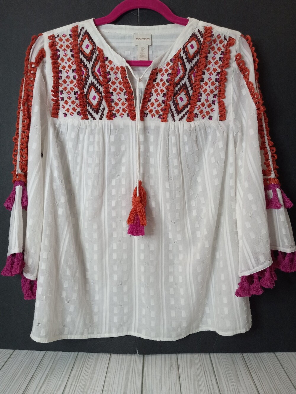 Chico's Boho White Peasant Tunic with Orange & Magenta Tassel Embroidery